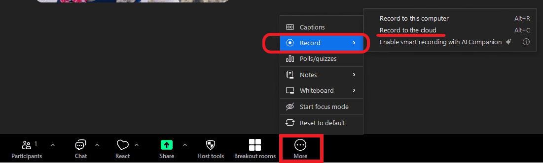 screenshot menu Zoom recordijg a meeting