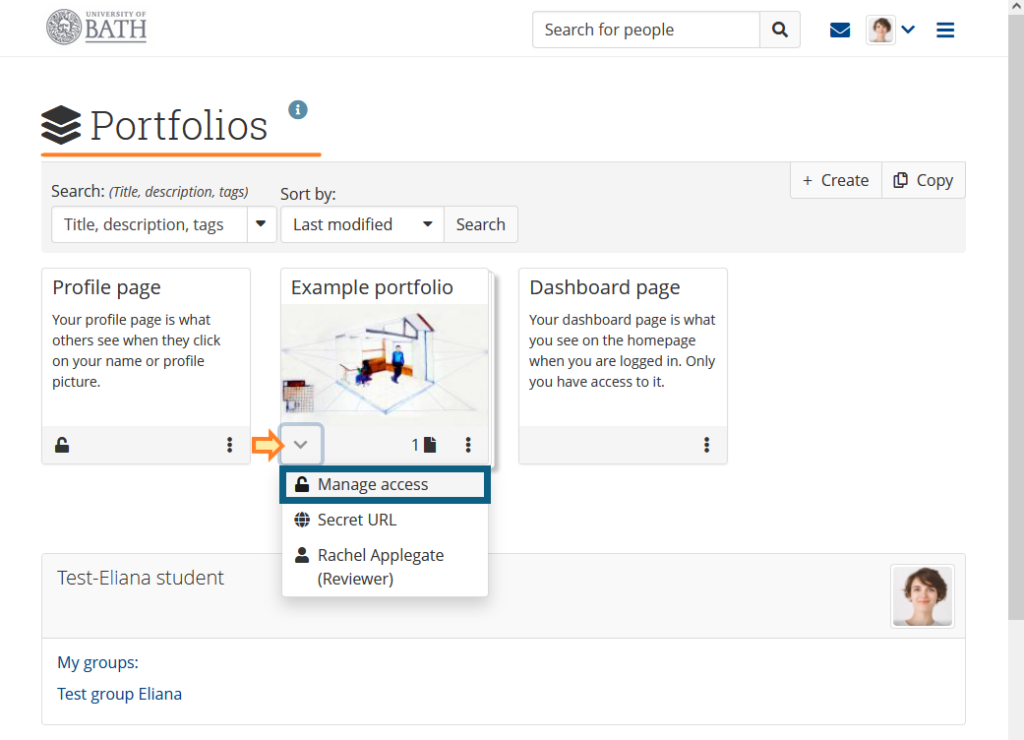 Screenshot student view of how to share a portfolio using Manage acccess (the padlock icon)
