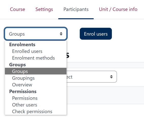 Participants screen includes a drop down menu from which you can access groups