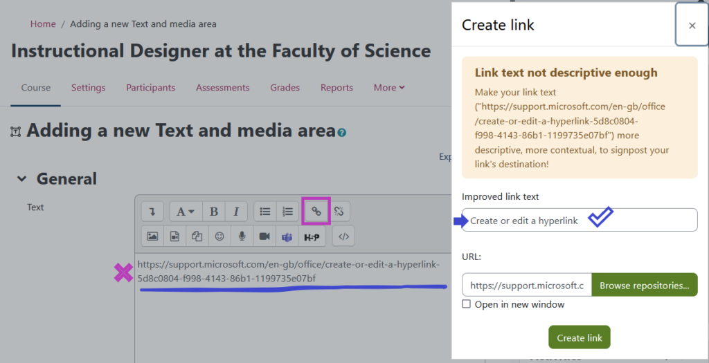 Screenshot of the Moodle text editor and the warning message when there is a link text not descriptive enough 