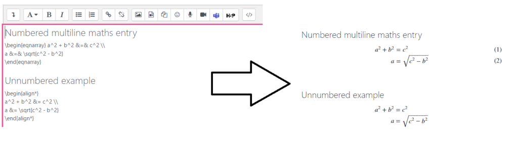 Left: Multiline LaTeX commands in the Moodle text editor. Right: rendered multiline maths output