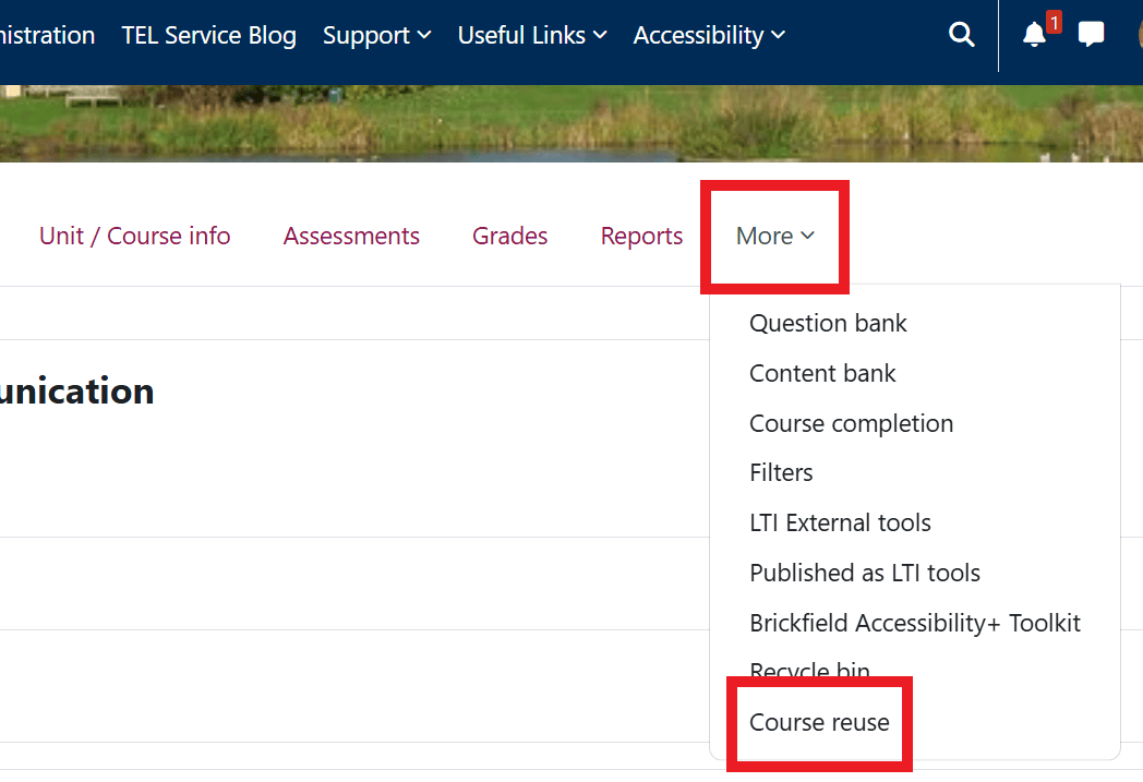 Screenshot of Moodle space with 'More' and 'Course Reuse' highlighted.