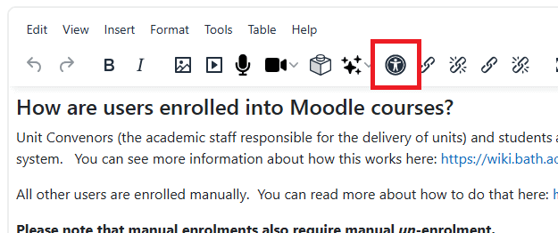 Brickfield Accessibility Checker button highlighted in Moodle text editor