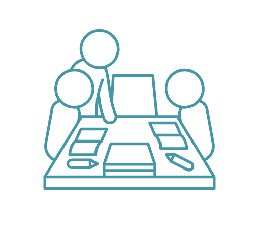 Graphic icon of a team working around a table.
