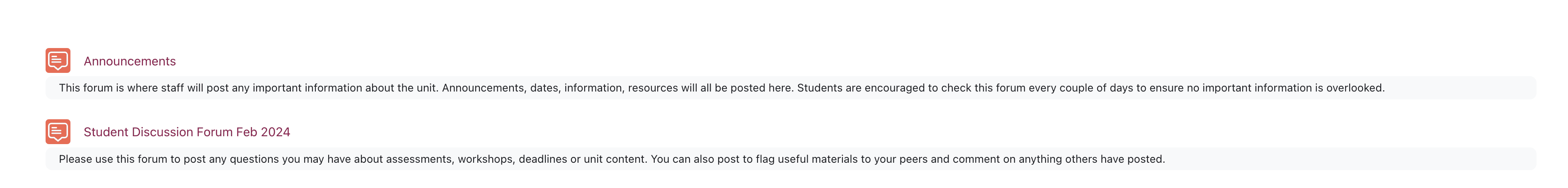 Exemplar of 2 forums on a Moodle space with clear titles and descriptions to explain the purpose of the forums.
