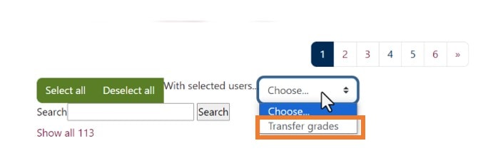 With selected users Transfer grades option.