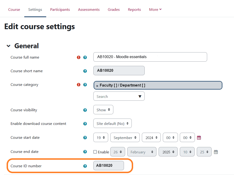 screenshot course ID in settings tab