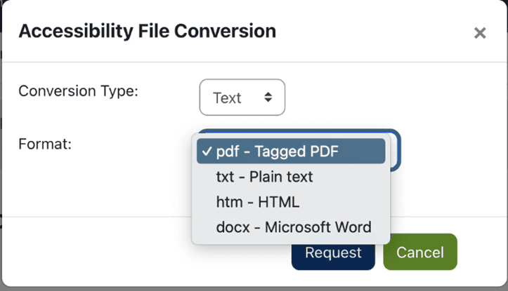 Pop-up of the different conversion types and formats.