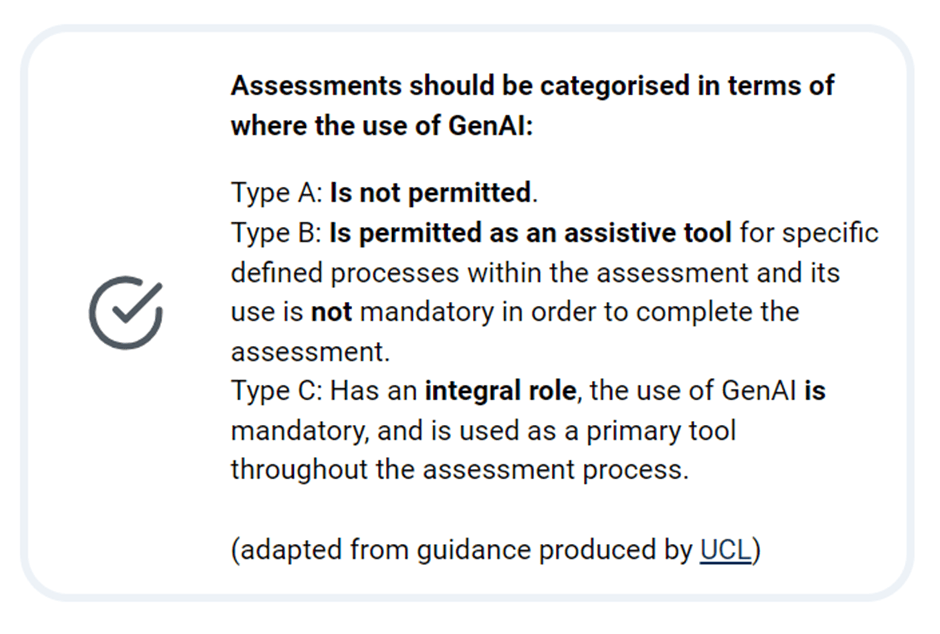 Assessments should be categorised in terms of where the use of GenAI:

Type A: Is not permitted.
Type B: Is permitted as an assistive tool for specific defined processes within the assessment and its use is not mandatory in order to complete the assessment.
Type C: Has an integral role, the use of GenAI is mandatory, and is used as a primary tool throughout the assessment process.

(adapted from guidance produced by UCL)