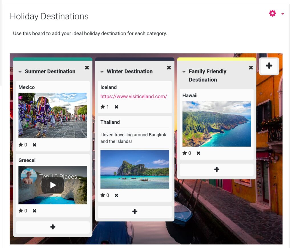 Moodle Board activity where students have shared information on different destinations.