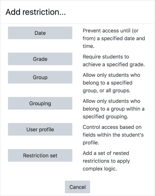 Moodle restrict access popup.