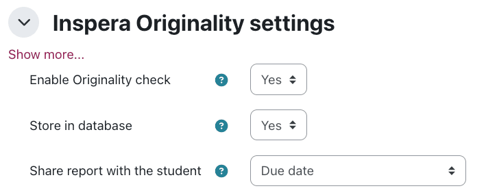 Settings in Moodle that allow students to see the originality report.