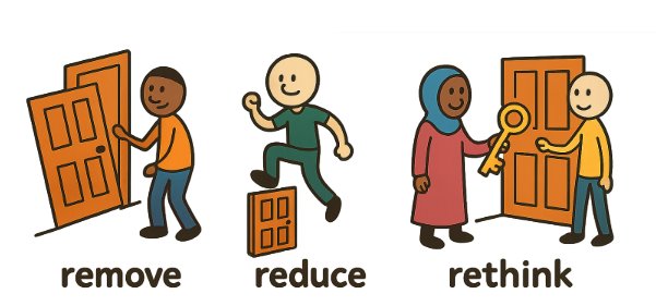 A colourful illustration of three stick figure scenes on a white background, each labelled with a different accessibility principle. The first panel, "remove," shows a stick figure in orange and blue clothing removing a door. The second, "reduce," shows a stick figure in green stepping over a small door. The third, "rethink," shows a figure in a pink dress and blue headscarf handing an oversized golden key to a figure in yellow, standing by a door.