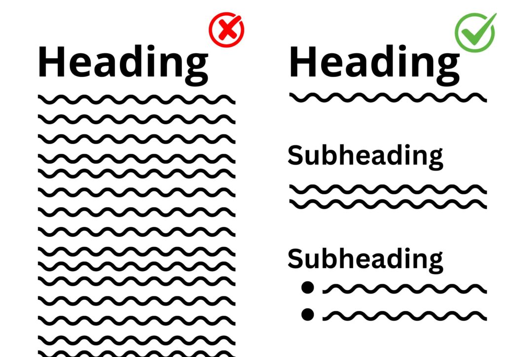 Example image of two sections of heading and text. One section is a heading with a big chunk of text. The other section is a heading followed by text, subheadings and bullet points.