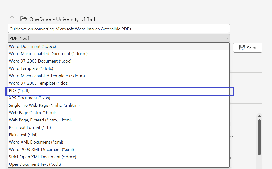 Screenshot of the File settings in word document. The option to save as PDF is highlighted