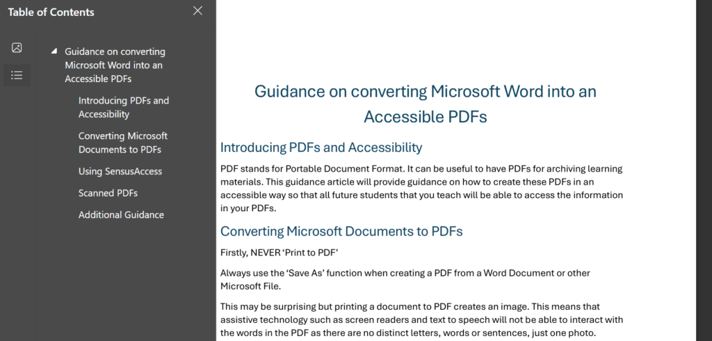 Screenshot of a PDF. The title of the PDF is 'Guidance on converting Microsoft Word into accessible PDFs'