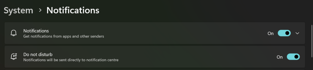 Screenshot of system notifcatio settings.