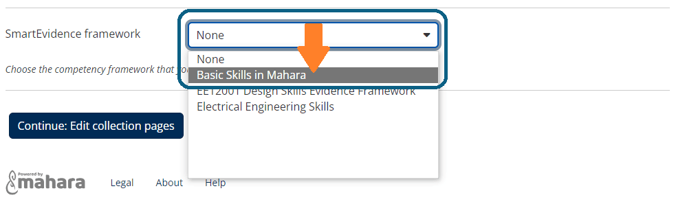 Screenshot showing Smart Evidence Framework option on the Edit Page, with a dropdown menu where a user can select from available Smart Evidence Frameworks