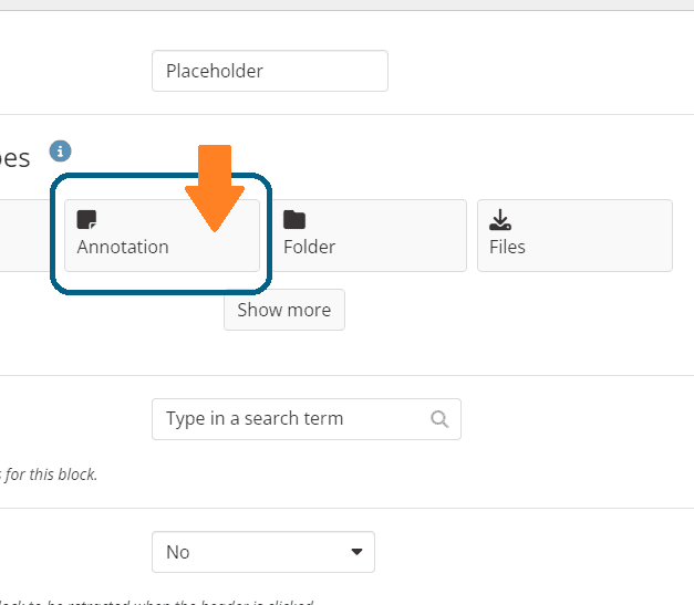 Screenshot showing button to select Annotation Block from a list of Content types