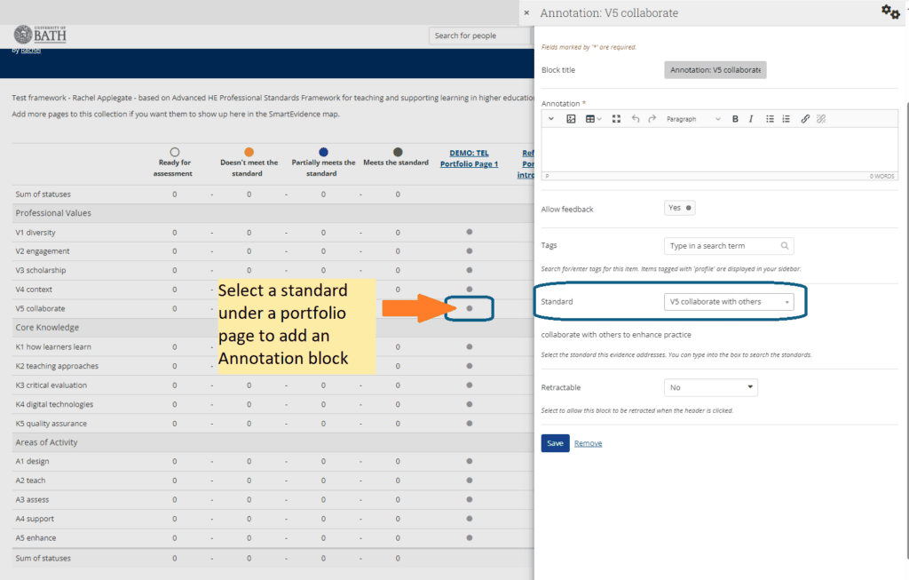 Screenshot showing Smart Evidence map, with a standard selected in the grid, and an Annotation Block ready to populate for that standard