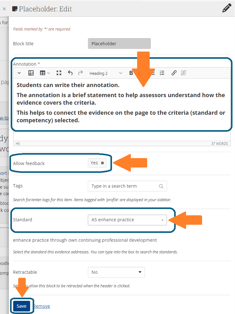 A screenshot showing an Annotation Block completed with Annotation description linking the standard selected to the criteria. Feedback allowed is selected and the standard is selected.