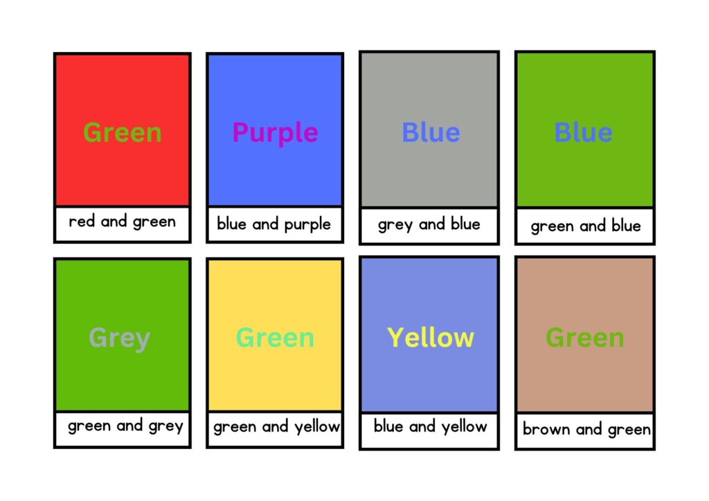 image with various colour combinations. there are 8 blocks each with different coloured backgrounds and font in the foreground