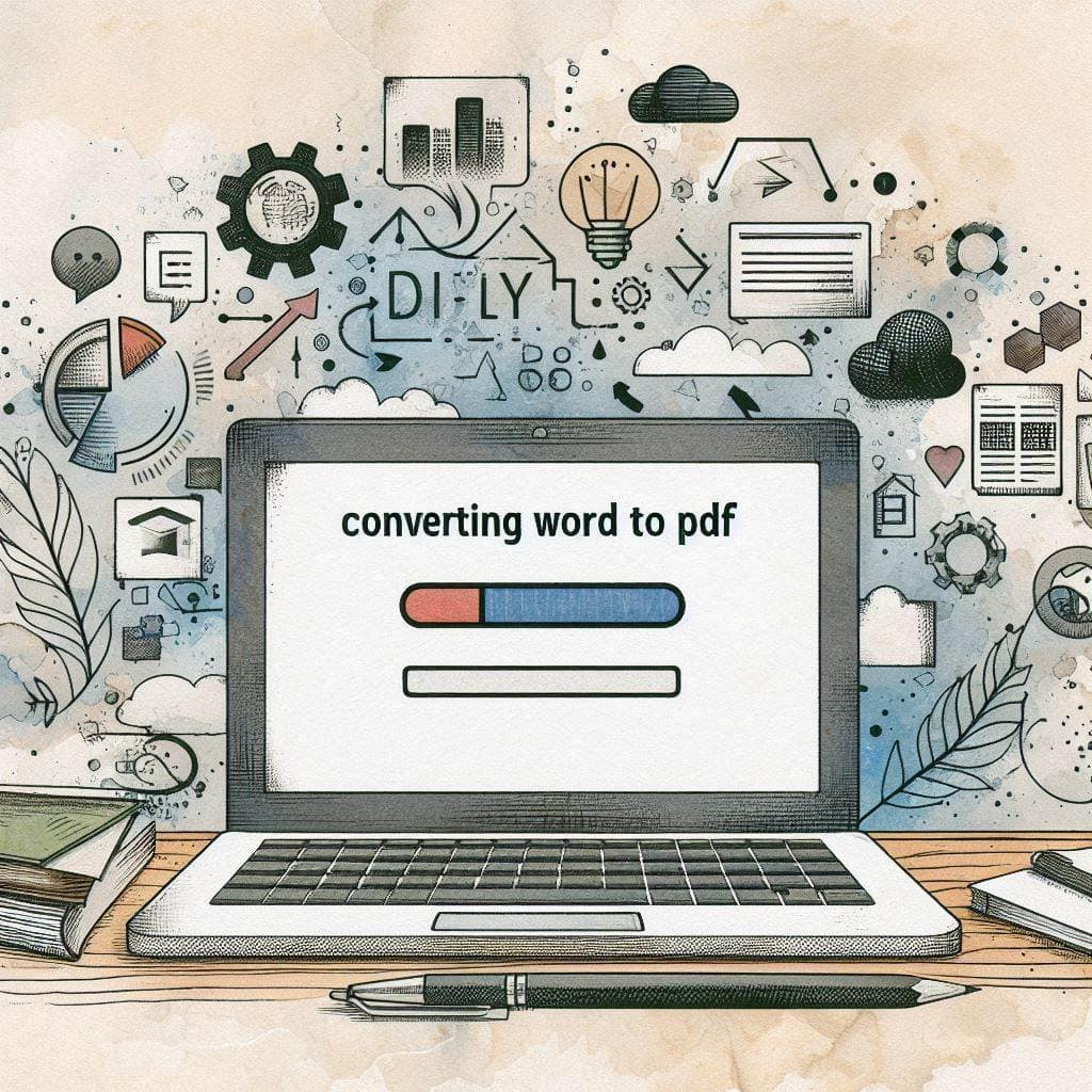 Artificial Intelligence generated image of a laptop on the desk. On the laptop is  a loading bar and the words 'converting word to pdf' 