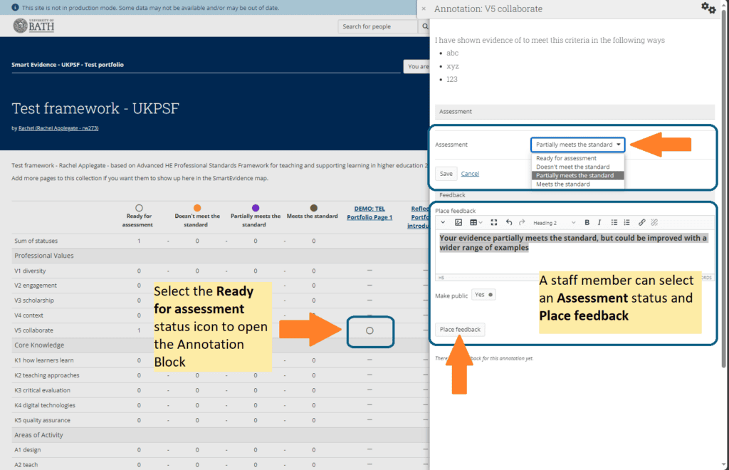 A screenshot showing how to select a standard status from the Smart Evidence map, to open the Annotation Block in order to select an Assessment status and place feedback