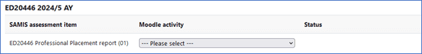 Screenshot of the Grade Transfer screen enabling SAMIS assessment items to be linked with Moodle activities.