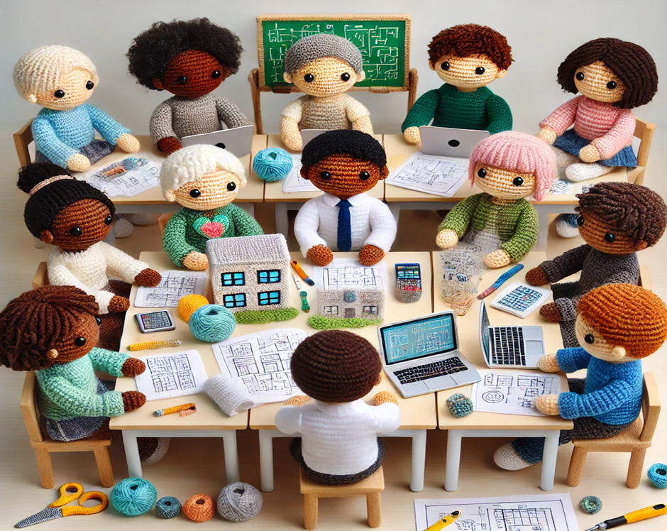 Image of people working together as depicted through crochet art.