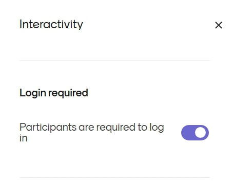 A screenshot showing the toggle option 'Participants are required to log in' within the Mentimeter Interactivity tab.