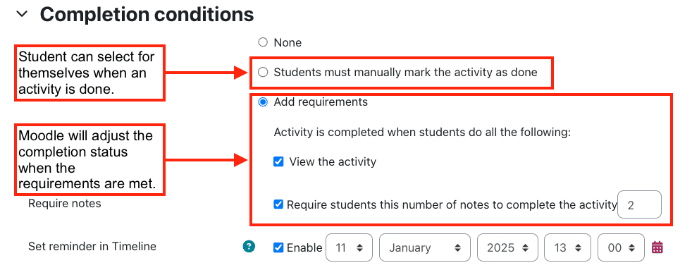 Acitivity completion settings in Moodle activity or resource.