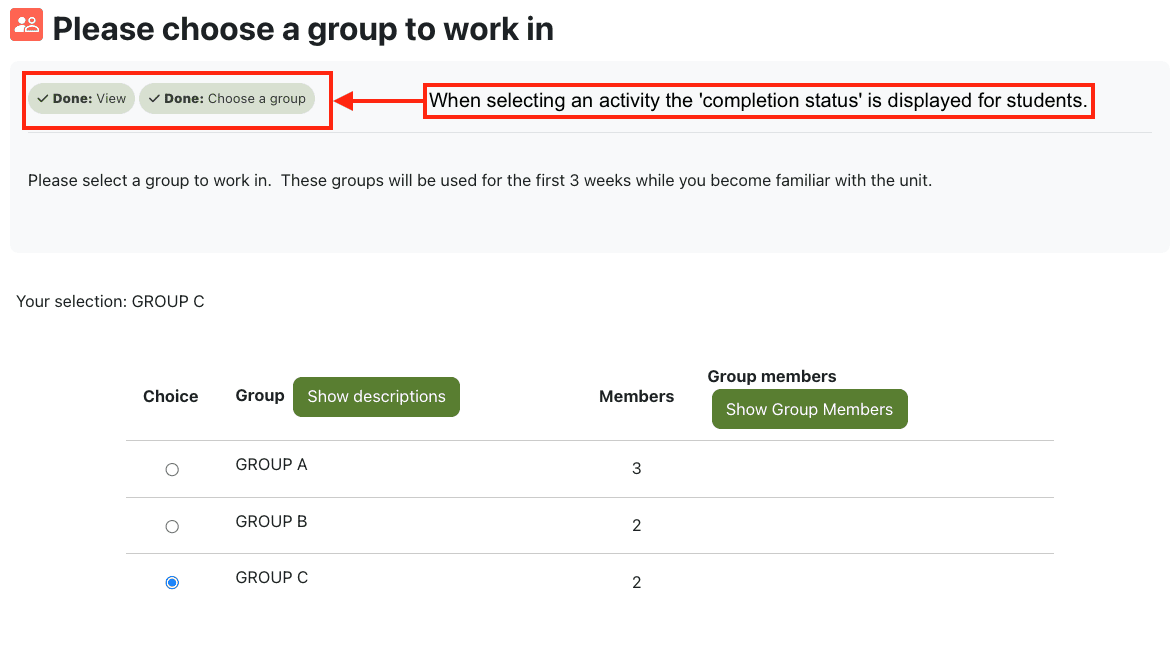 In-activity student view of completion data in Moodle.