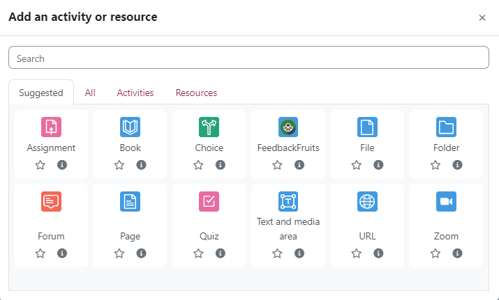 The 'Add an activity or resource' screen shows tools (including IMS LTI ones) that can be added to a Moodle space.