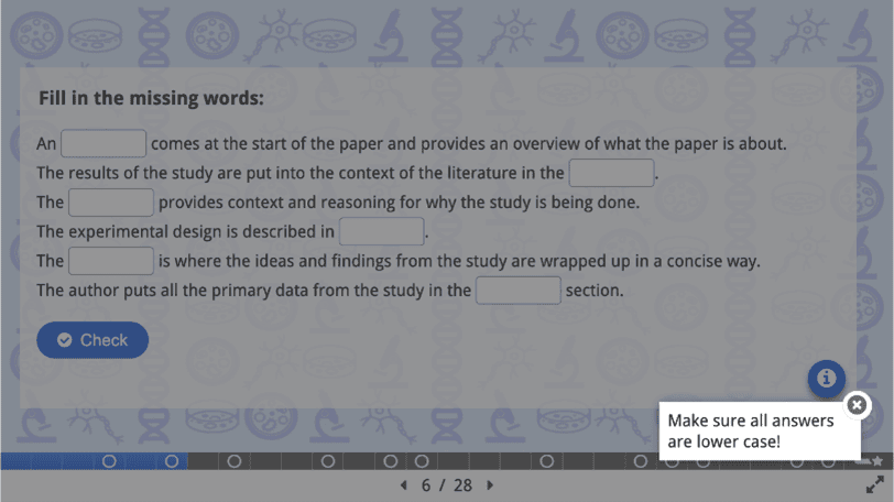 H5P screenshot with tooltip reading "Make sure all answers are lower case"