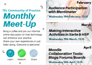 Promotional poster for TEL Community of Practice Monthly Meet-Up. See main body text for details.