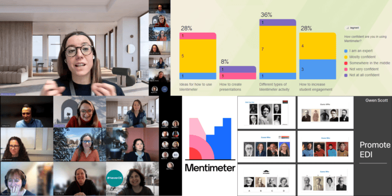 A collage including two screenshots from the TEL Community of Practice Meet-Up, an example of activities promoting EDI, and a bar chart made in Mentimeter with segmentation.