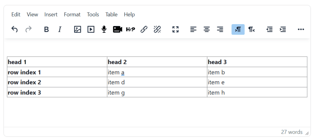 Screenshot of Moodle table in the text editor. The first row and column formatting is bold