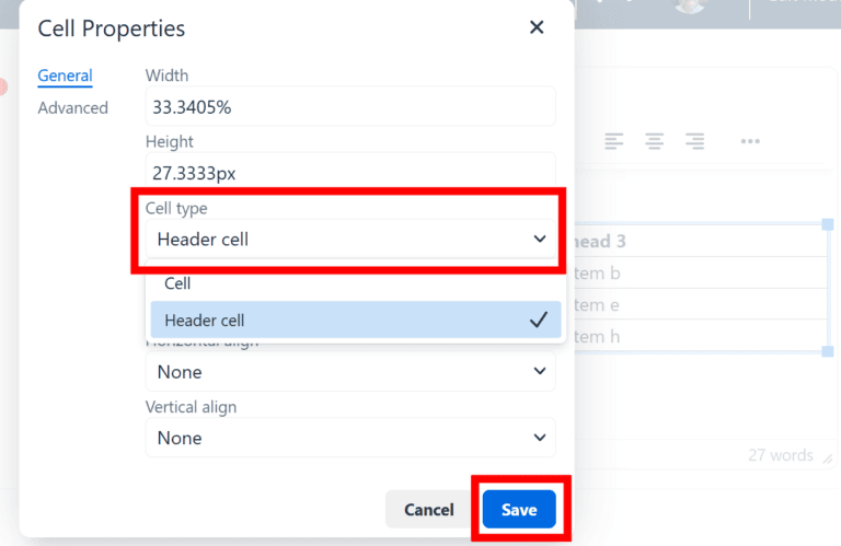 Moodle screenshot showing how to set the cell properties. See full text for details