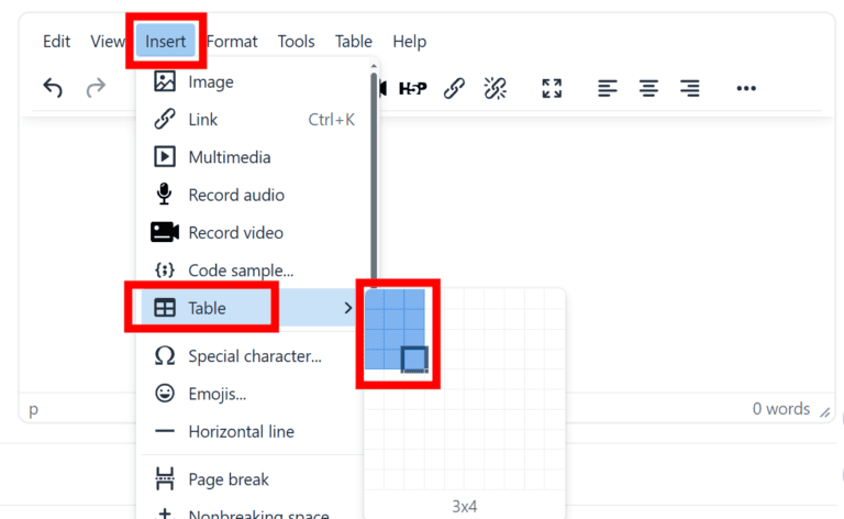 Moodle screenshot showing insert new table. See full text for details