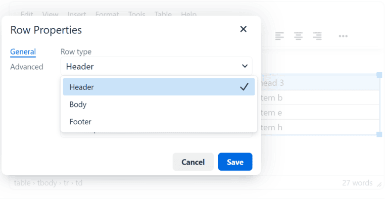 Moodle screenshot showing editing the row properties. See full text for details