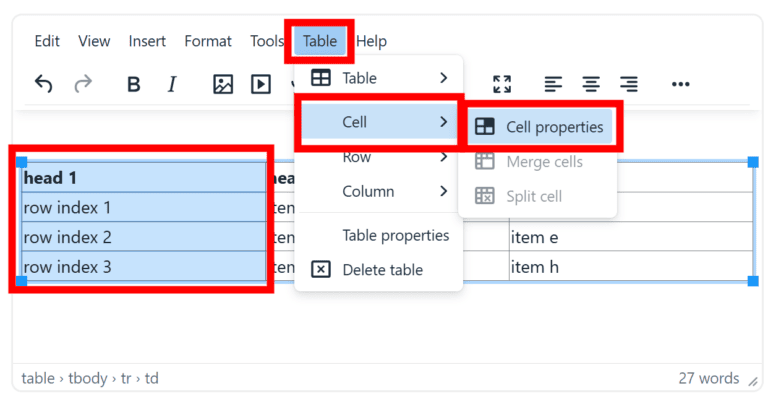 Moodle screenshot showing how to find the cell properties. See full text for details