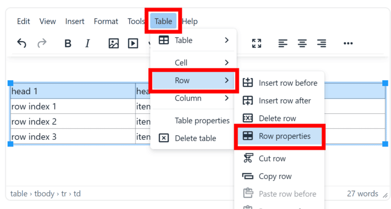 Moodle screenshot showing how to find the row properties. See full text for details