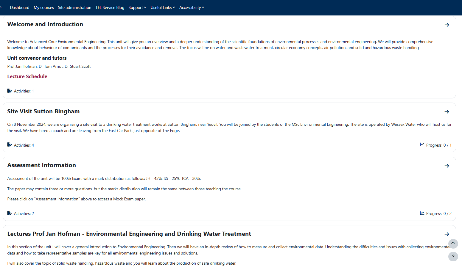 Screenshot of a Moodle space with activities and resources