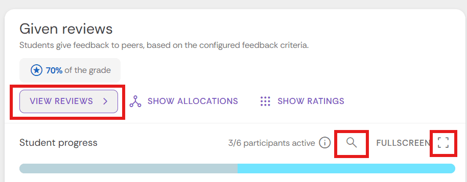 Review table with the fullscreen, search and view review buttons highlighted.