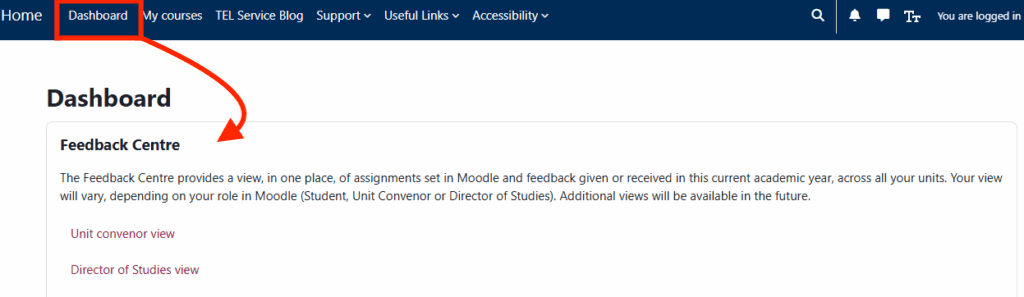Moodle's Feedback Centre is accessed from the Dashbiard.