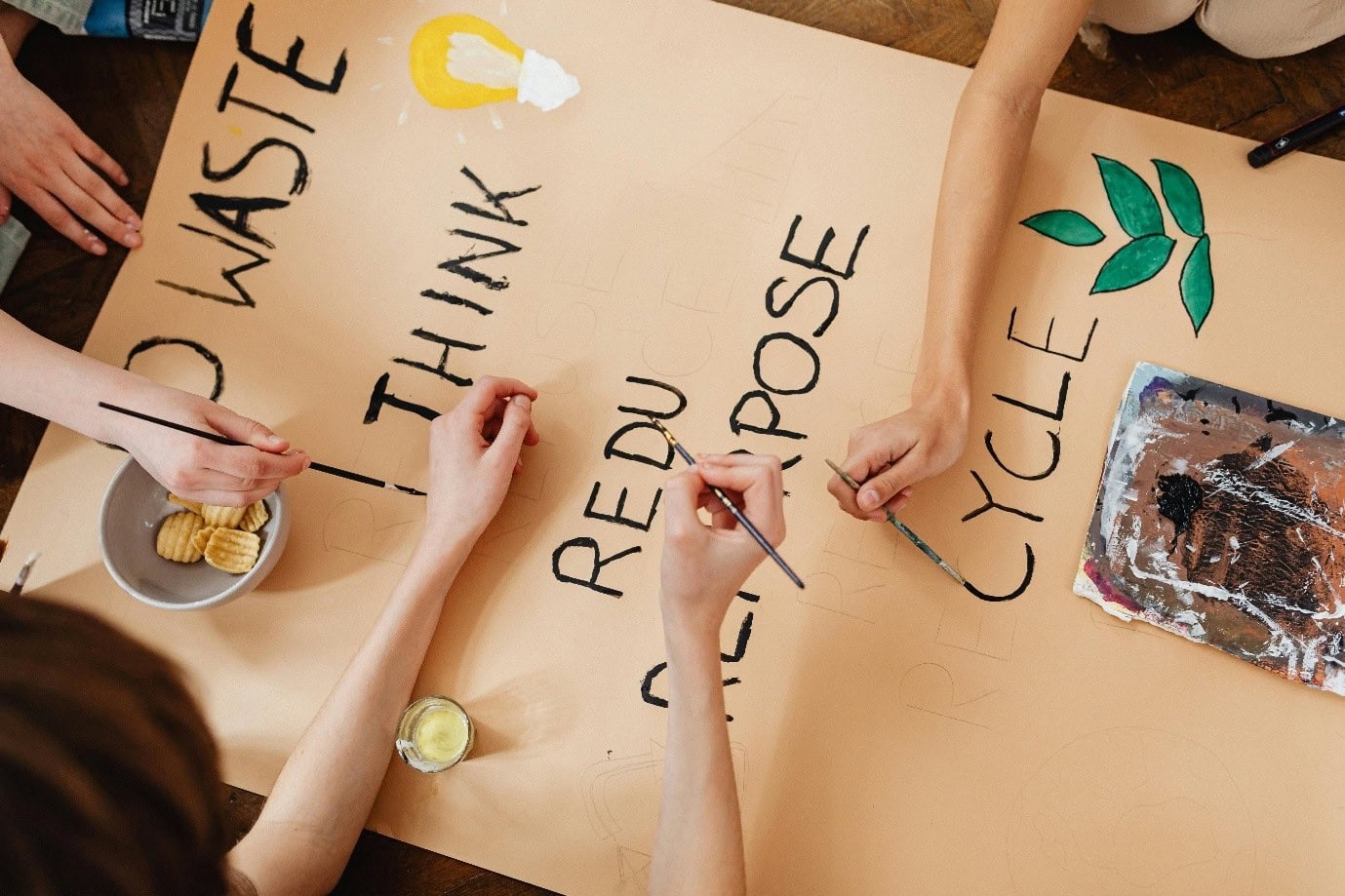 People painting a large poster that reads “No Waste – Think – Reduce – Reuse – Recycle,” decorated with a lightbulb and green leaves.