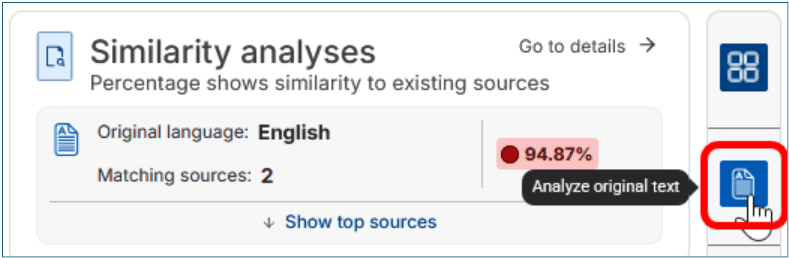 Similarity analyses tab with the "Analyze original text" button selected.