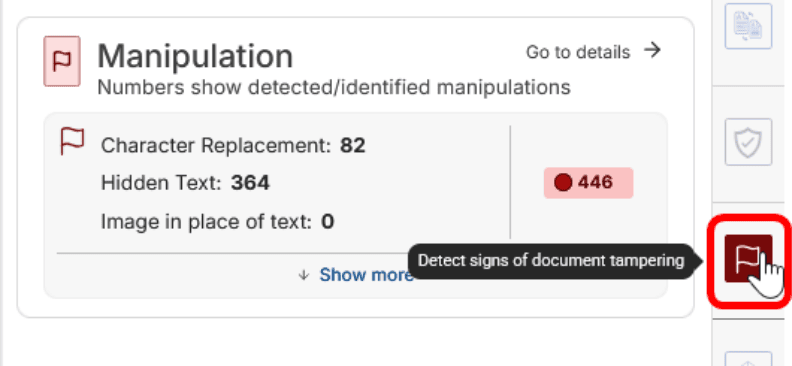 Manipulation tab with "Detect signs of document tampering" selected.