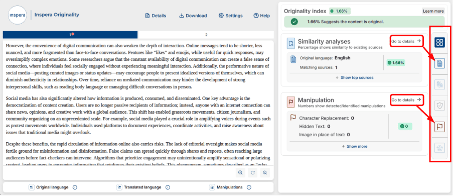 Screenshot of Inspera Originality Report with the icons on the far right highlighted in a red box.
